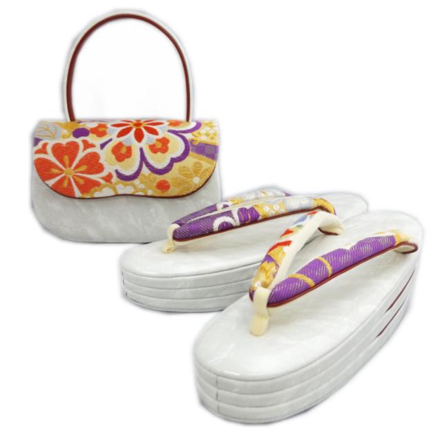 草履バッグセット 帯地 フリー 24.5cm 日本製 オフホワイトマーブル台金地花紋様 振袖 成人式 卒業式 袴 着物 訪問着 振袖用の通販は