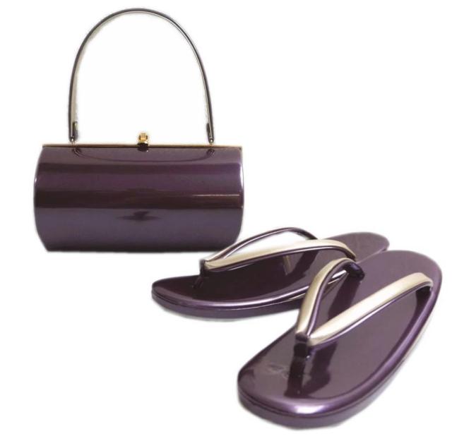 草履バッグセット エナメル 横丸型 紫色（金） Ｍ Ｌ 日本製 振袖 成人式 卒業式 袴 着物 訪問着 無地