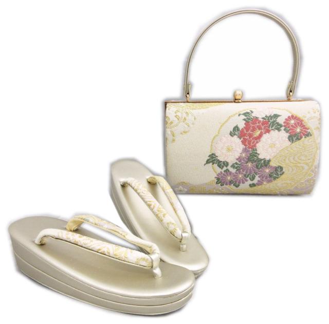 【訳有り 少難あり】 草履バッグセット 西陣織 正絹 帯地 金糸入り薄金色地雪輪古典花 フリー 24.5ｃｍ 日本製 振袖 成人式 卒業式 袴 着物 振袖用