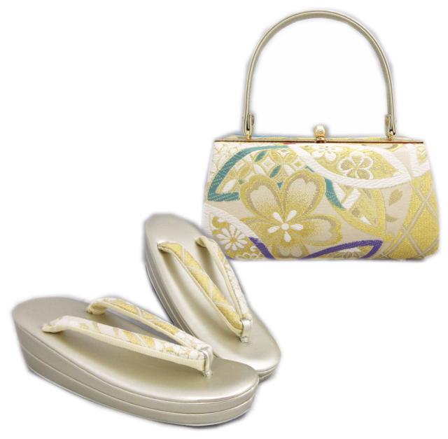 草履バッグセット 西陣織 正絹 帯地 金糸入り薄金色地大輪桜紋様