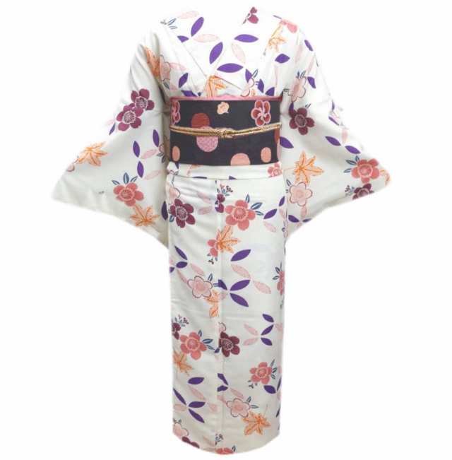着物 洗える 袷 小紋 軽装帯 付け帯 2点セット オフホワイト白色地桜楓