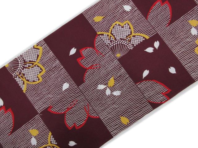 浴衣 ゆかた 反物 未仕立て 女性用 綿 日本製 濃エンジ地市松ライン桜さくら 和柄 | [和ごころきもの屋] 未仕立て 綿100％ 浴衣 反物 日本製