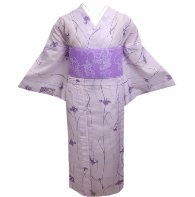 着物 洗える 絽 夏用 と 紗 半巾帯 細帯 2点セット 淡紫地菖蒲ライン ...