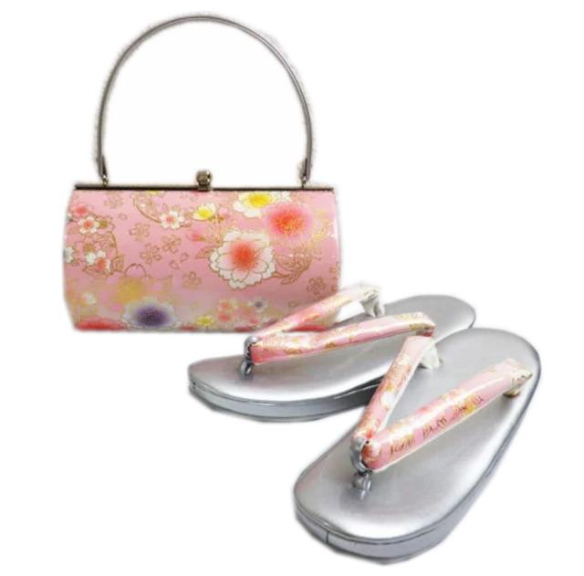 草履バッグセット 大きいサイズ ＬＬ 25.5ｃｍ 横丸型ピンク銀地八重桜 振袖 成人式 卒業式 袴 訪問着 着物 きもの 振袖用 2L 25ｃｍ