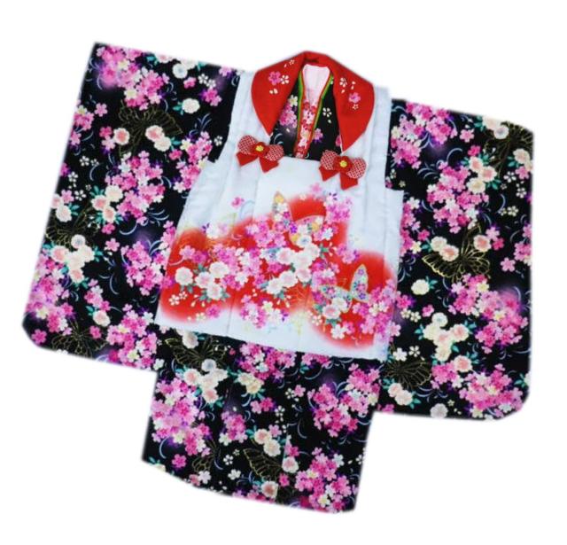 被布セット 七五三 着物 3歳 キッズ 女の子 9点フルセット 黒＆白赤八重桜蝶 女児 きもの 子供用 3才 三歳 三才の通販は 14,000円