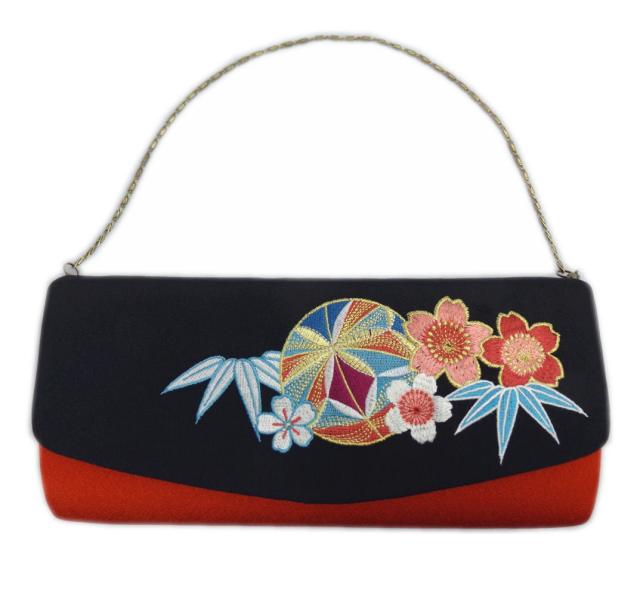 バッグ 手提げ クラッチ 黒赤色地鞠桜刺繍 振袖 成人式 卒業式 袴 はかま 着物 ＩＫＫＯ