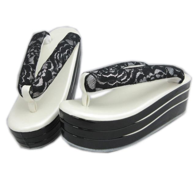 草履 ぞうり 厚底ヒール 白黒台 銀ラメ地黒レース鼻緒 フリー 24ｃｍ こっぽり風 振袖 成人式 卒業式 袴 着物 訪問着 ゾウリ 振袖用 女性用