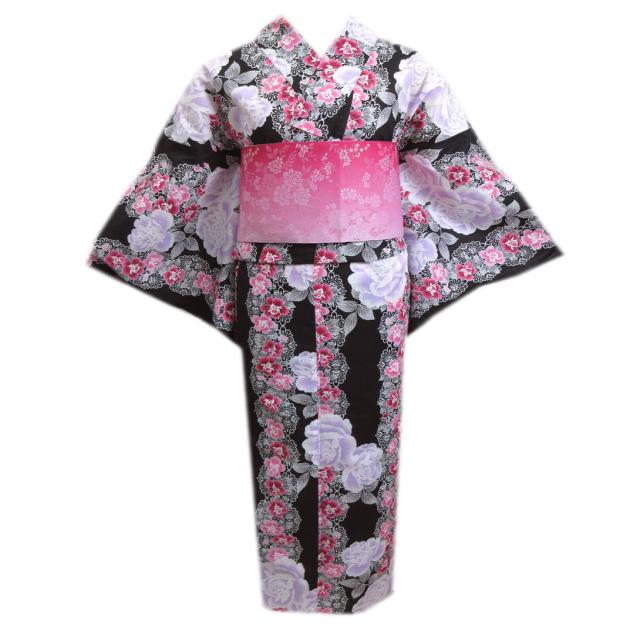 浴衣 半巾帯 半幅帯 ぼかし 2点セット 黒色地薔薇レース柄ライン フリー 女性用の通販は