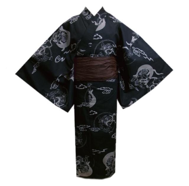 浴衣 メンズ 男性 兵児帯 シワ 2点セット 黒地風神雷神 3Ｌ 4Ｌ 5Ｌ 大きいサイズ 綿 帯簡単 ゆかた 男物 紳士用 へこ帯 黒色