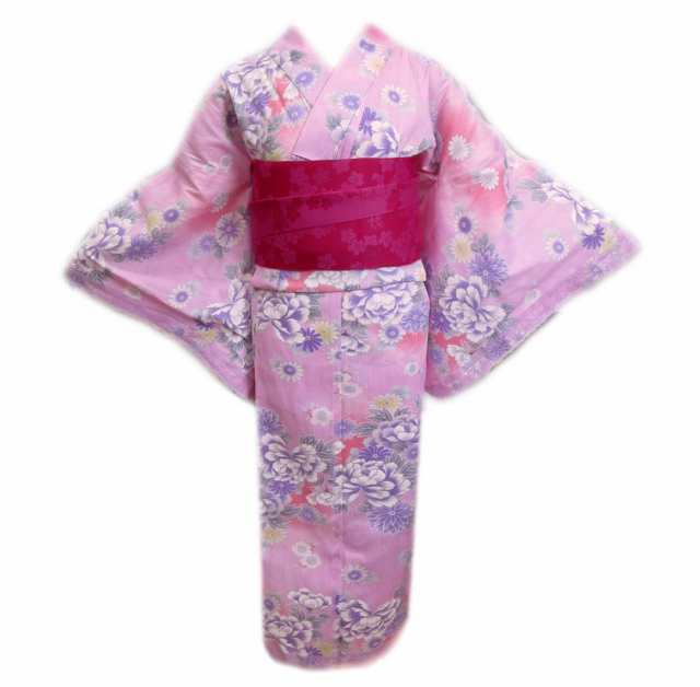 浴衣 レース付 半巾帯 半幅帯 2点セット 薄ピンク地牡丹菊桜 フリー 女性用