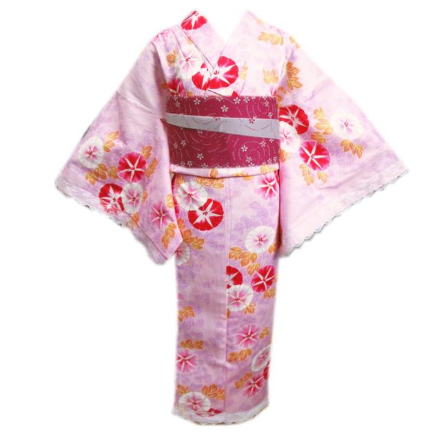 浴衣 レース付 半巾帯 半幅帯 2点セット 薄ピンク地朝顔 フリー 女性用