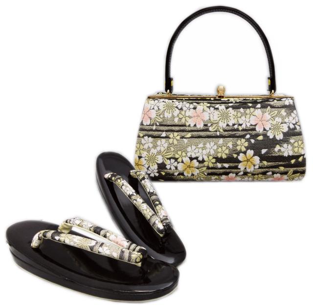 草履バッグセット 帯地 黒色地金ライン桜 フリー 24.5ｃｍ 日本製 振袖 成人式 卒業式 袴 訪問着 着物 きもの 振袖用 はかま