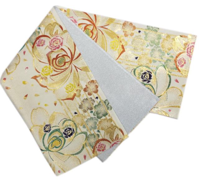 袋帯 正絹 お仕立上がり 六通柄 西陣織 オフホワイト白色地金糸入り大輪薔薇八重桜 振袖 成人式 着物 出来上がり 女性用 振袖用 薔薇柄 バラ