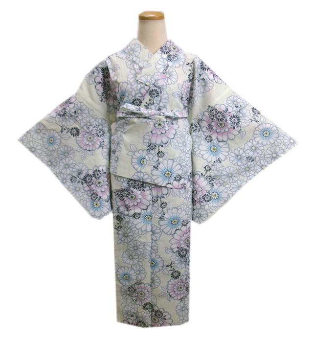 浴衣 セパレート 二部式 結び帯 2点セット ラメ入り 淡クリーム地菊花 フリー 簡単着付け 天然冷感 女性用 レディース ゆかた 付け帯 作り帯