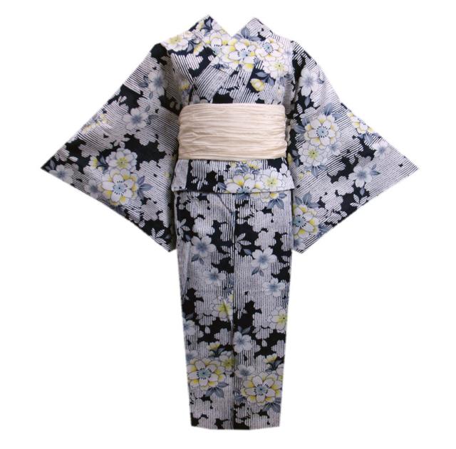 浴衣 セパレート 二部式 兵児帯 2点セット ラメ入り オフホワイト白色濃紺地八重桜ライン フリー 簡単着付け 天然冷感 女性用 レディース ゆかた へこ帯