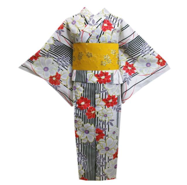 浴衣 セパレート 二部式 結び帯 2点セット ラメ入り オフホワイト白色地可憐花黒ライン フリー 簡単着付け 天然冷感 女性用 レディース ゆかた 付け帯 作り帯