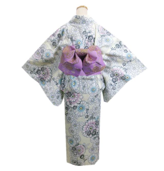 浴衣 セパレート 二部式 結び帯 2点セット ラメ入り 淡クリーム地菊花 フリー 簡単着付け 天然冷感 女性用 レディース ゆかた 付け帯 作り帯