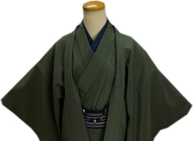 着物 袷 メンズ 男物 男性 お仕立て上がり 5点セット 渋緑色 3L