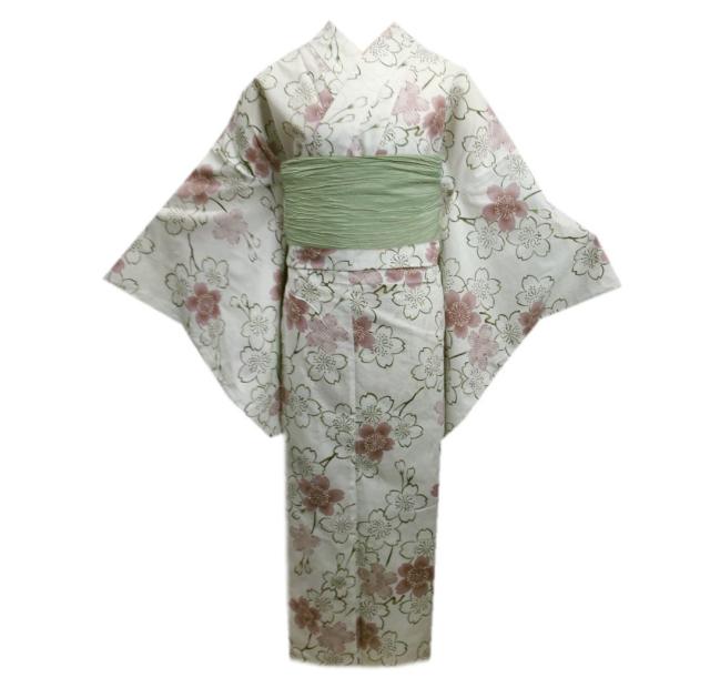 浴衣 ふくよかさん 5Ｌ 兵児帯 長尺 ふわクシュ シワ 2点セット 淡グレー地枝垂桜さくら 女性用 レディース 大きいサイズ ゆかた へこ帯 ぽっちゃり 高身長 幅広