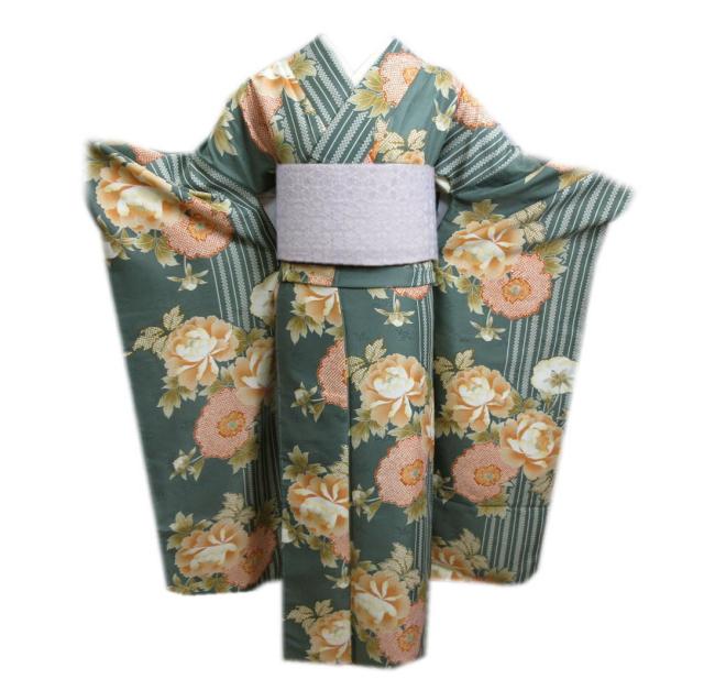 【訳有り 少難あり】 振袖 お買上 お仕立上がり 単品 渋緑色地牡丹ひったライン フリー 洗える ポリエステル 成人式 購入 リメイク 生地 古典柄 和柄