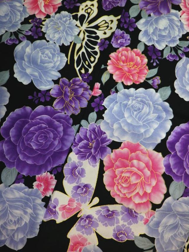 振袖 お買上 お仕立上がり 単品 黒地八重桜薔薇蝶 フリー 洗える