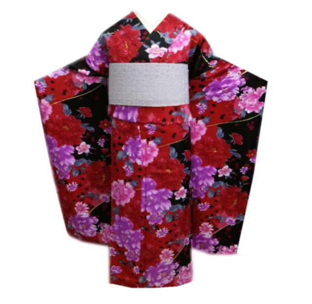 振袖 お買上 お仕立上がり 単品 赤黒地大輪牡丹桜 フリー 洗える ポリエステル 成人式 購入 リメイク 生地 総柄 古典柄 和柄