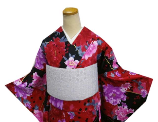 振袖 お買上 お仕立上がり 単品 赤黒地大輪牡丹桜 フリー 洗える ポリエステル 成人式 購入 リメイク 生地 総柄 古典柄 和柄 振袖 お買上 お仕立上がり 単品 赤黒地大輪牡丹桜 フリー 洗える