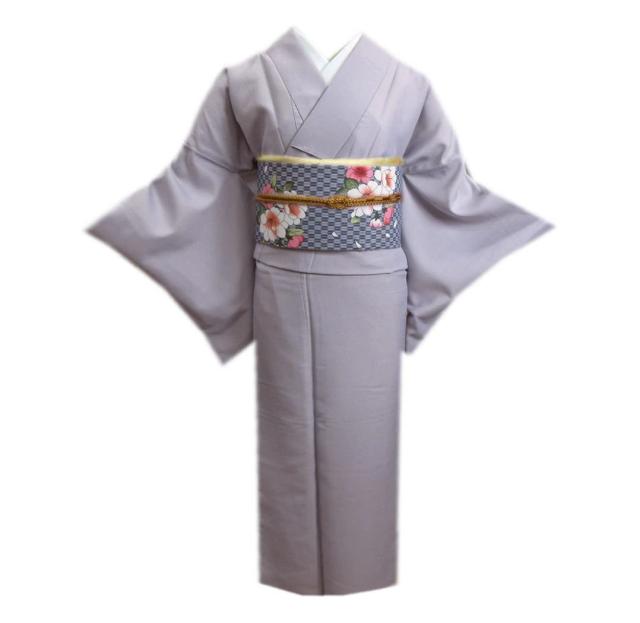 色無地 着物 洗える 袷 軽装帯 付け帯 2点セット 薄グレー Ｍ きもの プレタ 作り帯 つくり帯 女性用 レディース