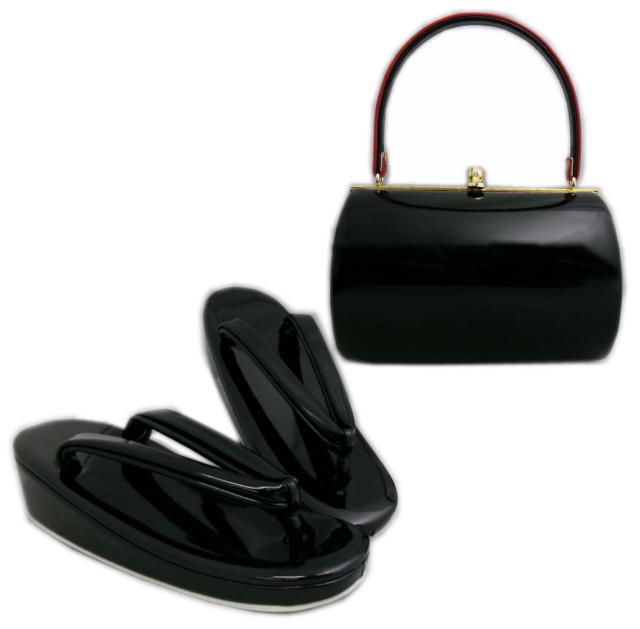 草履バッグセット エナメル 横丸型 黒（赤） フリー 24cm 振袖 成人式 卒業式 袴 着物 訪問着 無地 振袖用 ぞうり はかま きもの 黒色