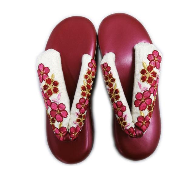草履 ぞうり 厚底ヒール こっぽり風 ワイン台桜刺繍鼻緒白 フリー 振袖