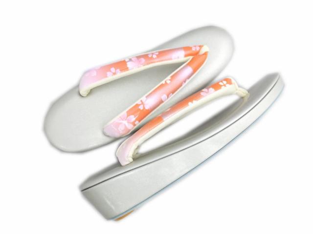 草履バッグセット 横丸型 銀白オレンジぼかし市松桜 Ｌ 24.5cm 日本製 振袖 成人式 卒業式 袴 訪問着 着物 きもの 振袖用