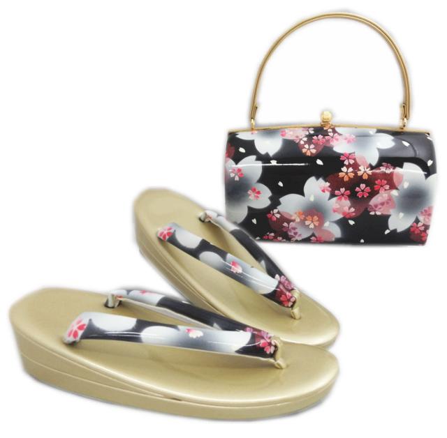 草履バッグセット 黒色地桜小桜 フリー 24.5cm 日本製 振袖 成人式 卒業式 袴 訪問着 着物 きもの 振袖用 はかま ハカマ 10,074円