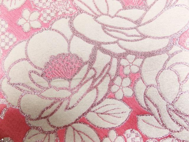訳有り 少難あり】 袋帯 お仕立て上がり ピンク地銀糸入り牡丹薔薇 全通