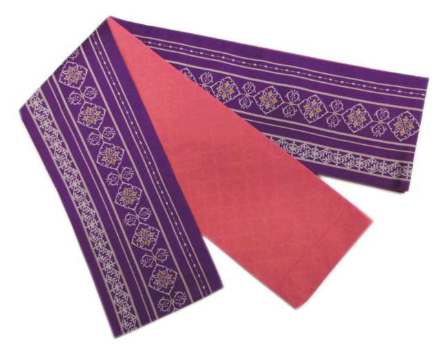 着物 洗える 袷 小紋 半巾帯 細帯 2点セット 濃紺色地唐草華 M L