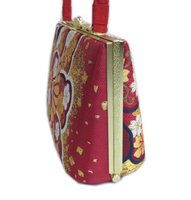 バッグ 手提げ 帯地 金糸入り角型赤色地梅桜 日本製 振袖 成人式