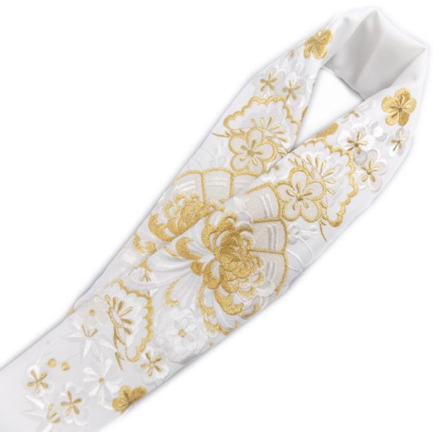 半衿 半襟 刺繍 振袖 成人式 卒業式 袴 着物 日本製 白色地金乱菊梅松扇 女性用 レディース