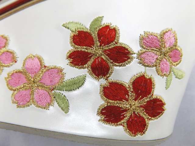 草履 ぞうり 厚底ヒール こっぽり風 白台小桜刺繍鼻緒赤 フリー 振袖