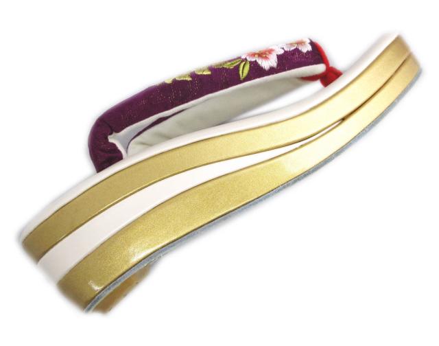 【訳有り 少難あり】 草履 ぞうり 厚底ヒール 白色金台 紫色地金糸入り桜藤刺繍鼻緒 ＬＬ 25ｃｍ 大きいサイズ 振袖 成人式 卒業式 袴 着物 3枚芯