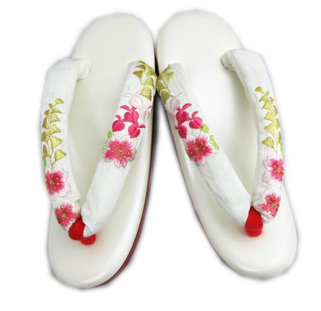 【訳有り 少難あり】 草履 ぞうり 厚底ヒール 白色赤台 白色地金糸入り桜藤刺繍鼻緒 フリー 振袖 成人式 卒業式 袴 着物 3枚芯の通販は