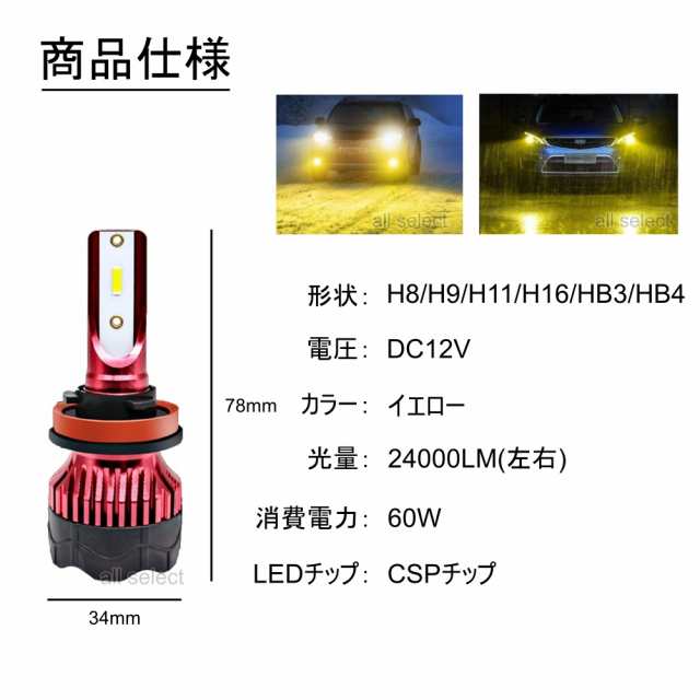 高輝度 LEDヘッドライト LEDフォグランプ H8/H9/H11/H16 HB3 HB4 24000lm 3000K イエロー 2本 車検対応  ポン付け LEDバルブ