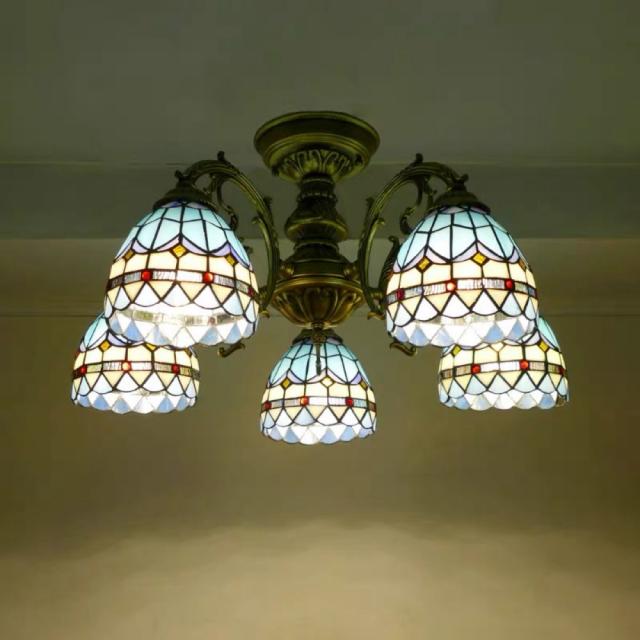 A034702天井照明 シャンデリア ステンドグラス 欧風シャンデリア リビングルーム　5灯
