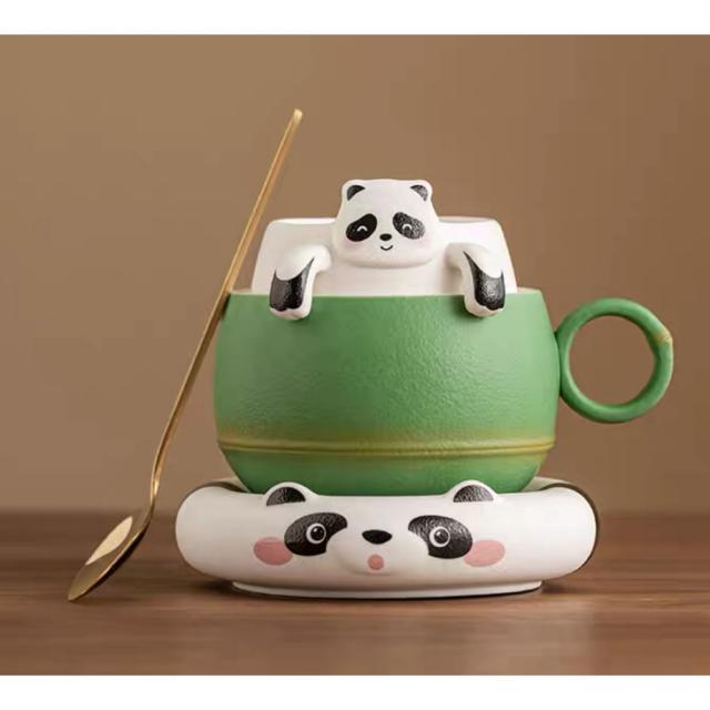 A034911ティー・コーヒーカップ パンダカップ＆ソーサー2客セット 陶磁器ティーセット