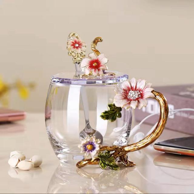 A035007花柄 コーヒーカップ ガラス製 ティーカップ 3点セット食器 コーヒーカップ