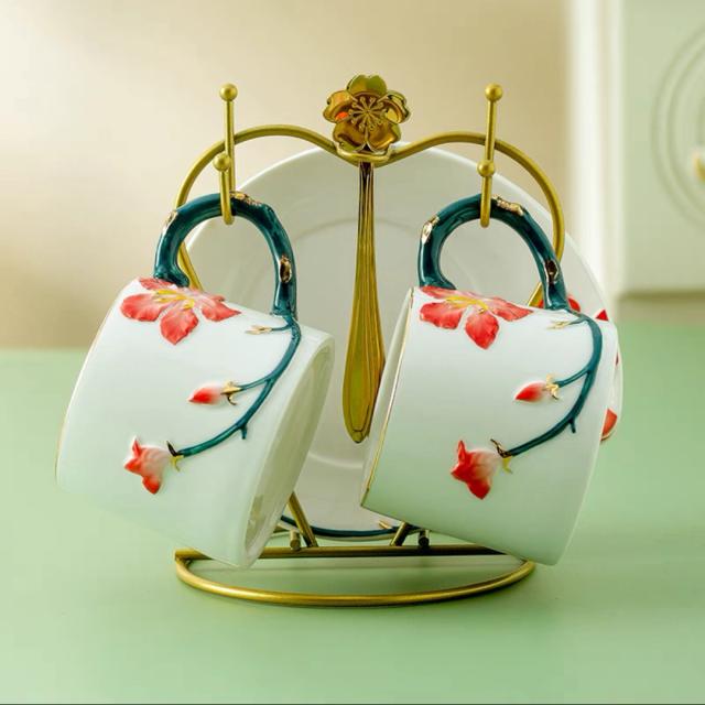 A036521ティー・コーヒーカップセット カップ＆ソーサー2客セット 陶磁器ティーセット花柄