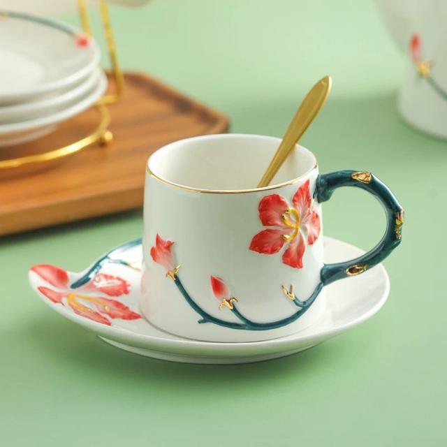 A036522ティー・コーヒーカップセット カップ＆ソーサー6客セット 陶磁器ティーセット花柄_1