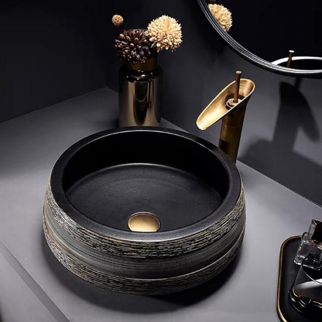 A036604高級洗面台用 洗面ボウルセット洗面ボール 陶器 手水鉢 手洗器蛇口 排水金具付き