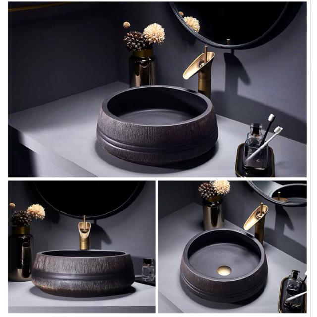 A036605高級洗面台用 洗面ボウルセット洗面ボール 陶器 手水鉢 手洗器蛇口 排水金具付き_1