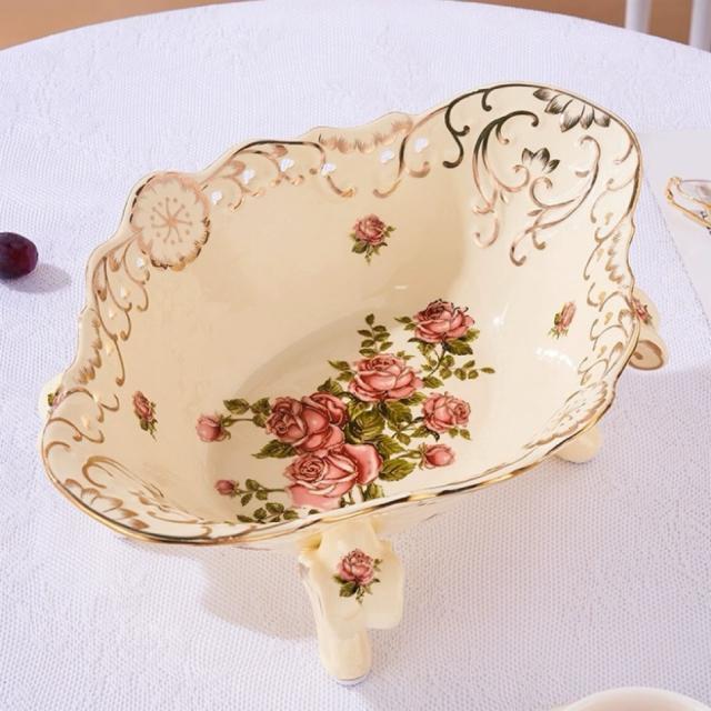 A036795高級果物皿　盛り皿 お菓子皿、フルーツプレート 花柄豪華〜果物カゴ お菓子鉢