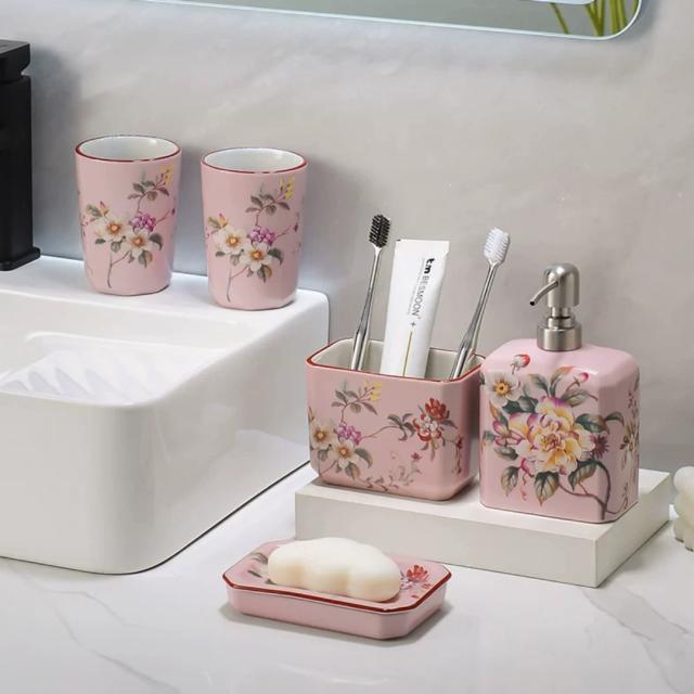 A034172洗面用品 サニタリー5点セットディスペンサー 歯ブラシスタンド 洗面所   花柄