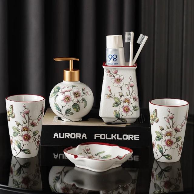 A034195洗面用品 サニタリー5点セットディスペンサー 歯ブラシスタンド